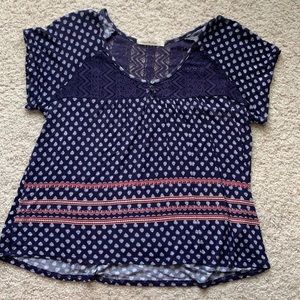 Navy Blue Patterned Top with Lace Detail